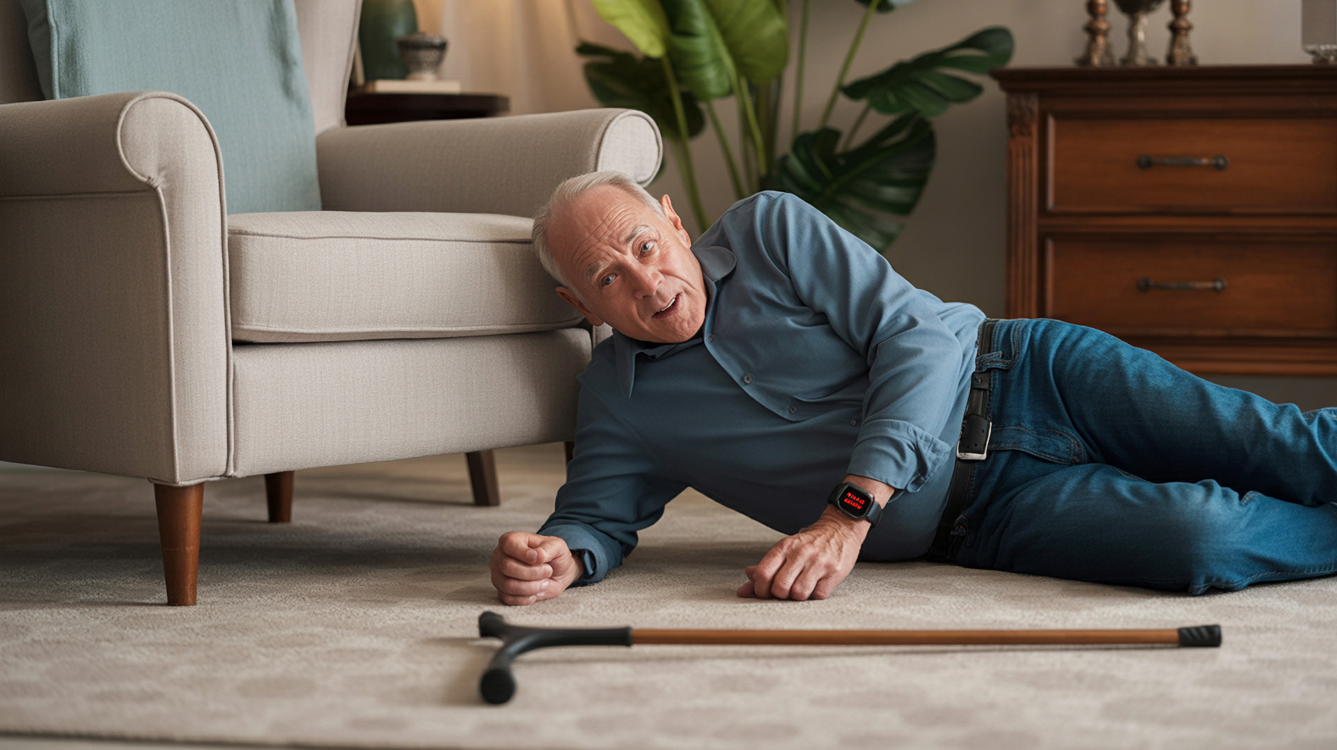 Senior nach Sturz im Wohnzimmer mit aktivierter Notrufuhr