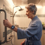 Seniorengerechtes Badezimmer mit Haltegriffen und wasserdichter Notrufuhr