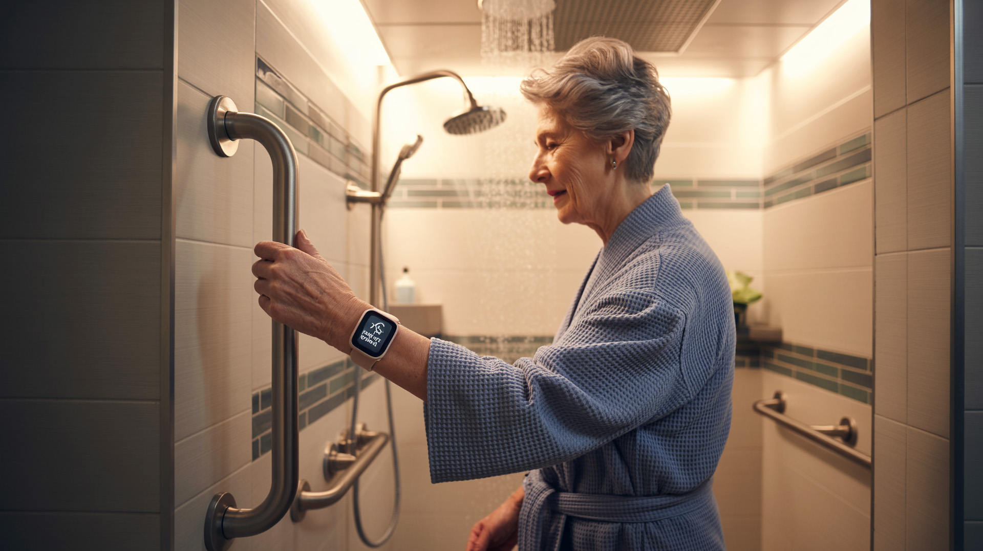 Seniorengerechtes Badezimmer mit Haltegriffen und wasserdichter Notrufuhr
