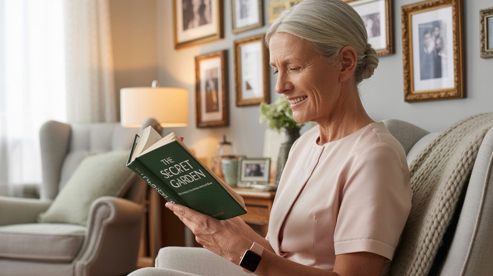 Seniorin trägt Notrufuhr beim entspannten Lesen zuhause